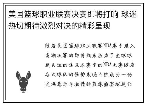 美国篮球职业联赛决赛即将打响 球迷热切期待激烈对决的精彩呈现