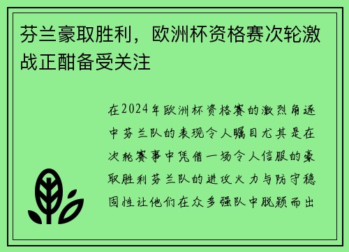 芬兰豪取胜利，欧洲杯资格赛次轮激战正酣备受关注