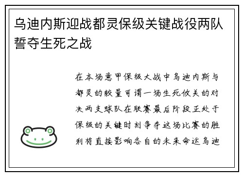 乌迪内斯迎战都灵保级关键战役两队誓夺生死之战