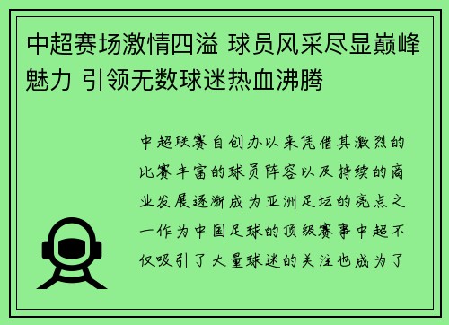 中超赛场激情四溢 球员风采尽显巅峰魅力 引领无数球迷热血沸腾