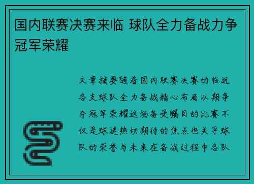 国内联赛决赛来临 球队全力备战力争冠军荣耀