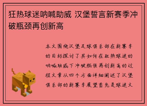 狂热球迷呐喊助威 汉堡誓言新赛季冲破瓶颈再创新高