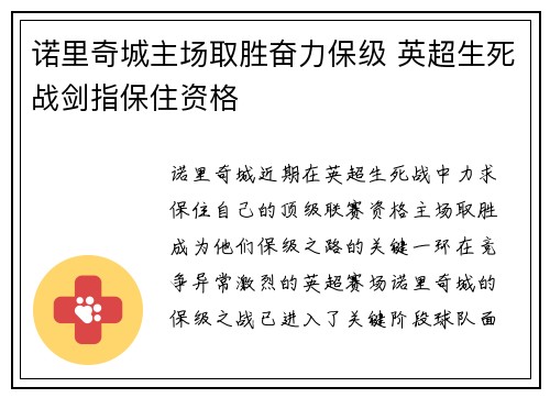 诺里奇城主场取胜奋力保级 英超生死战剑指保住资格
