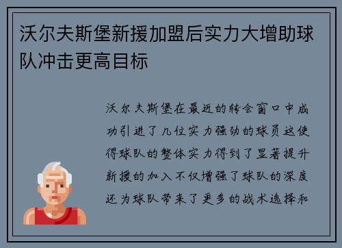 沃尔夫斯堡新援加盟后实力大增助球队冲击更高目标