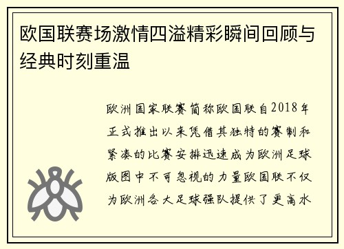 欧国联赛场激情四溢精彩瞬间回顾与经典时刻重温